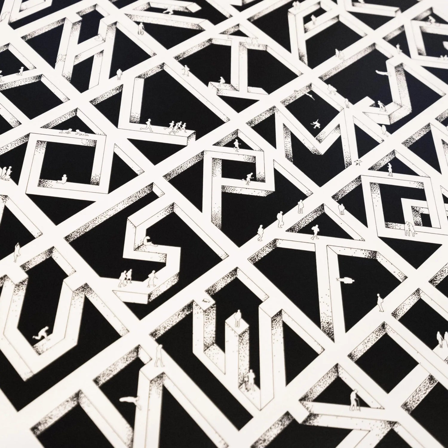 Black and white geometric pattern with interlocking shapes on a black background