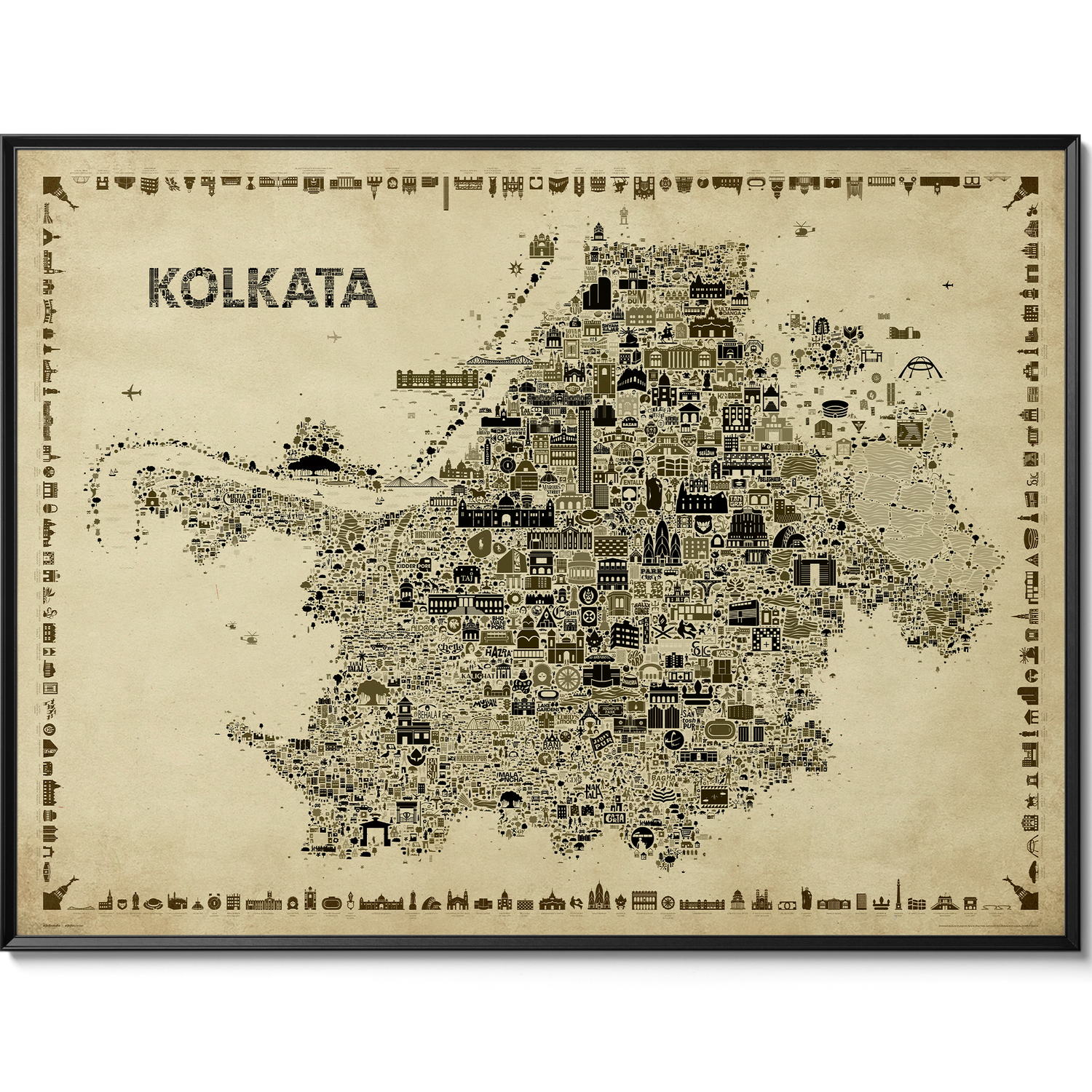 Map of Kolkata with various icons on a beige background