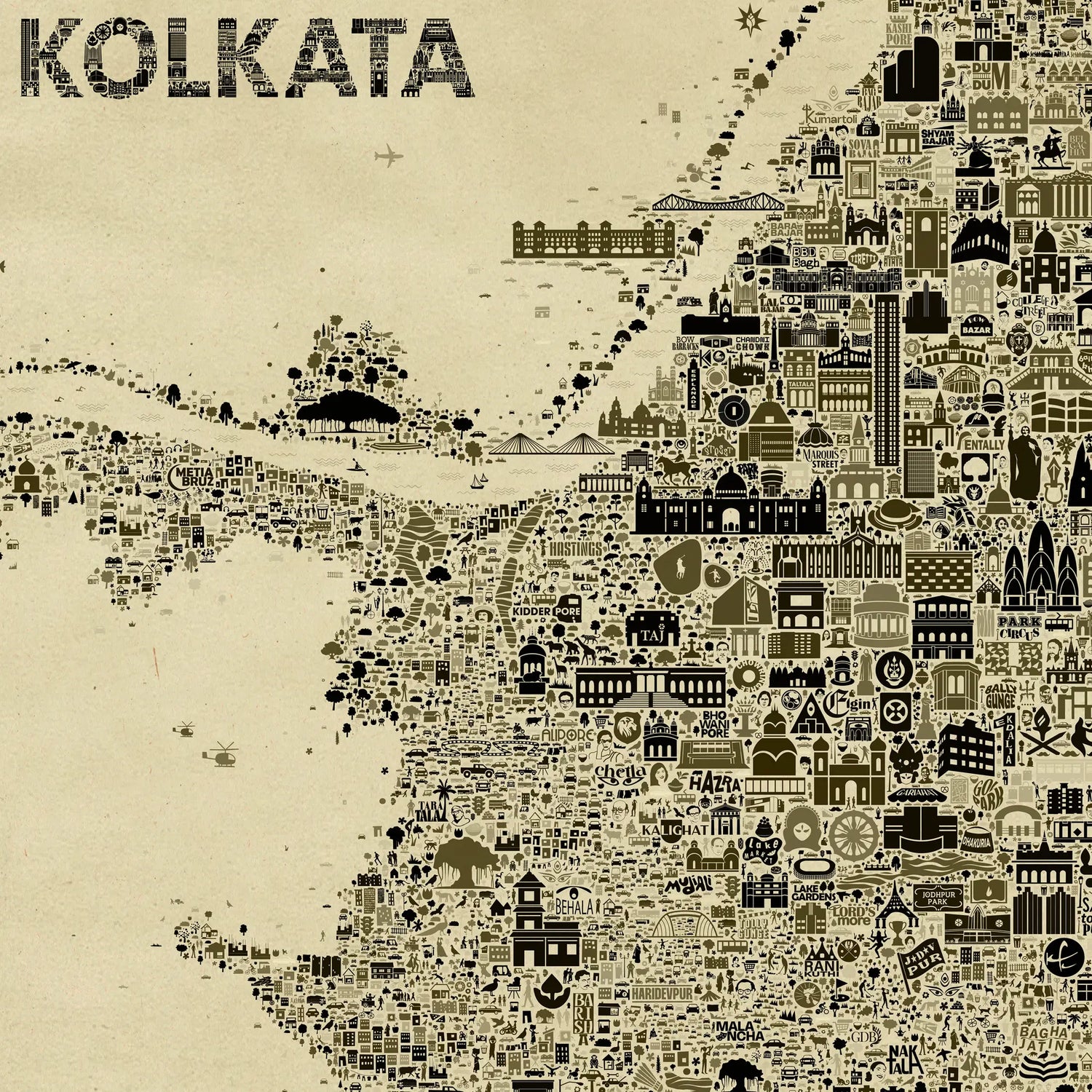 Map of Kolkata with various icons and symbols on a beige background