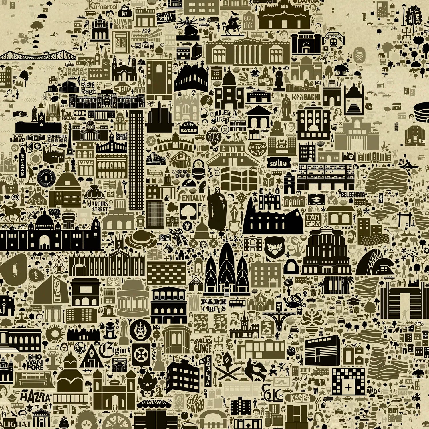 Iconic KOLKATA antique edition illustrated map poster showing hundreds of landmarks and neighborhoods in vintage sepia and black tones