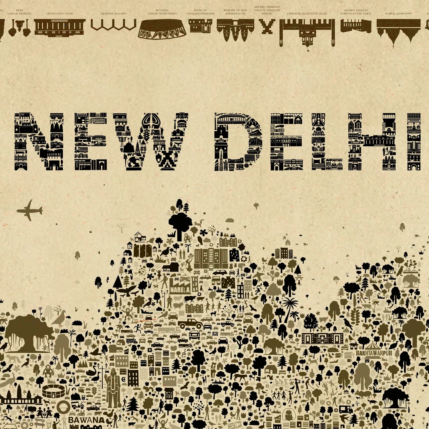 Map of New Delhi made from various icons on a beige background