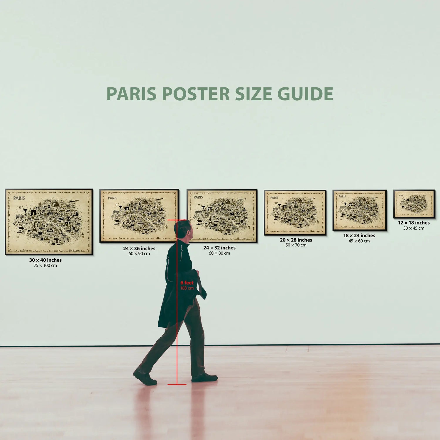 Man walking past a wall displaying Paris poster size guide with measurements.