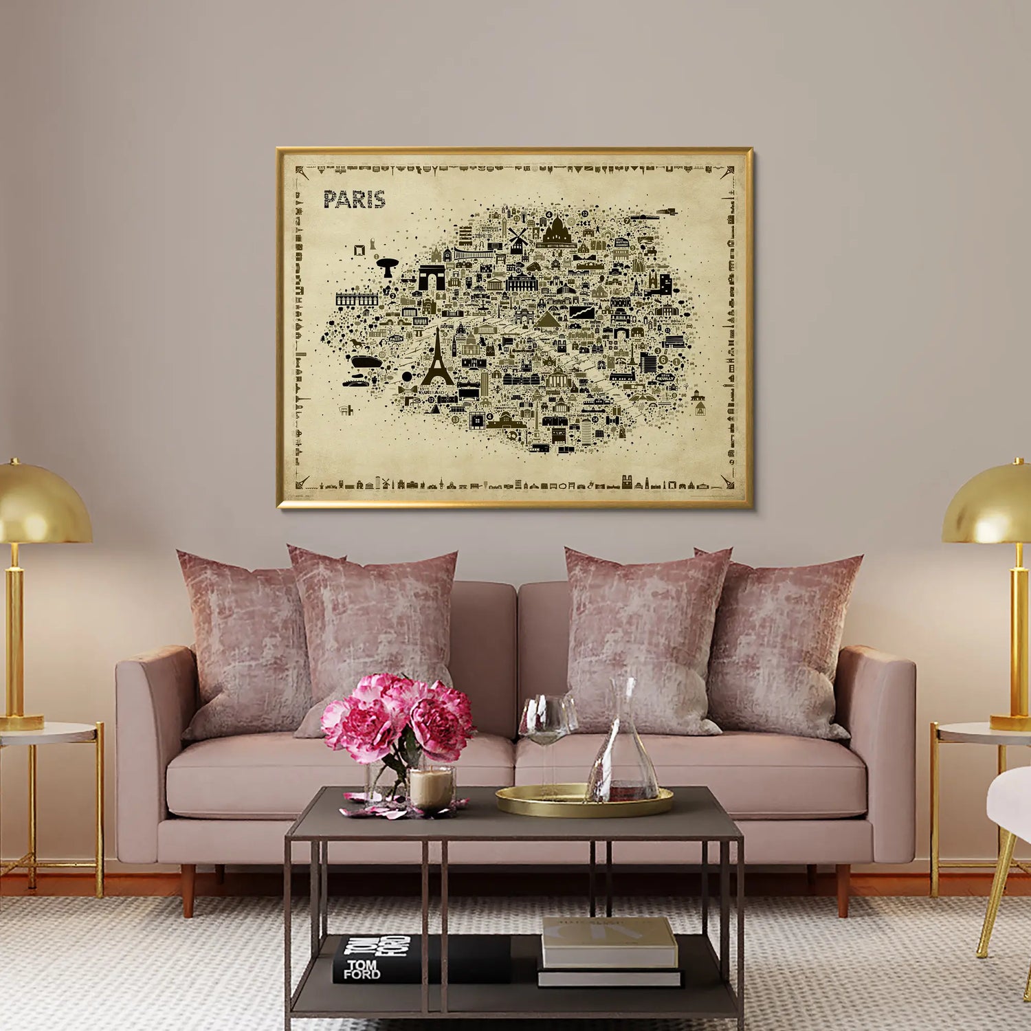 Living room with a beige sofa, coffee table, and decorative items, featuring a framed map of Paris on the wall.