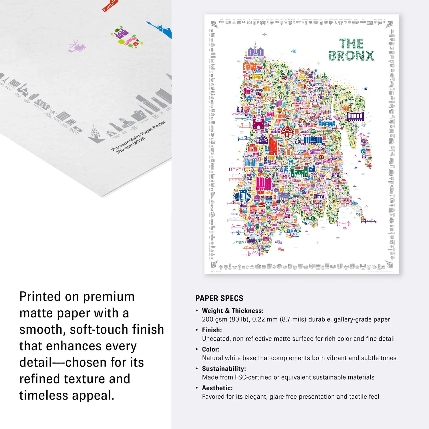 Colorful map of The Bronx on a white background with text about paper specifications.