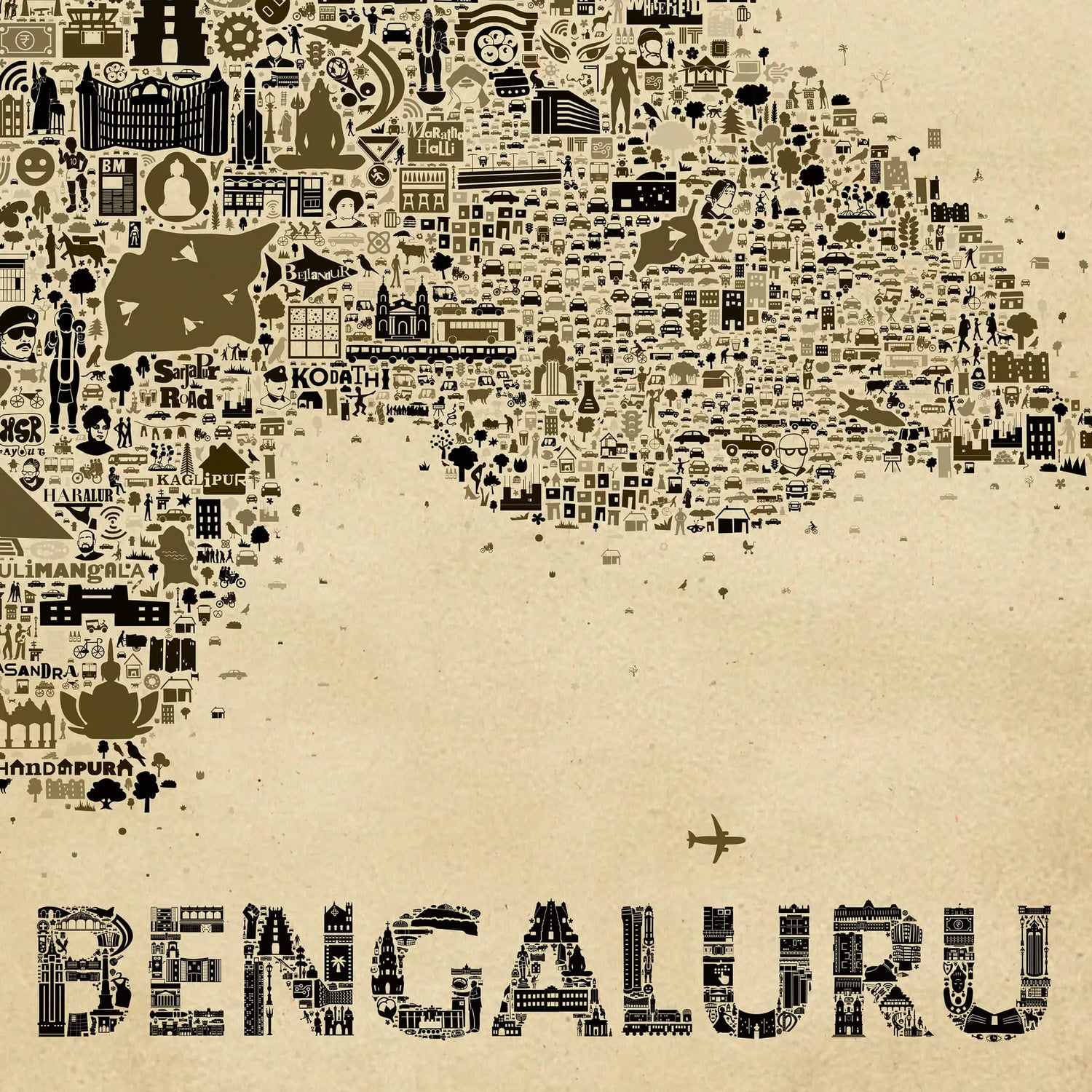 Close-up view of Bengaluru city map art print showcasing intricate hand-drawn landmarks and typography on a vintage beige background with an airplane illustration.
