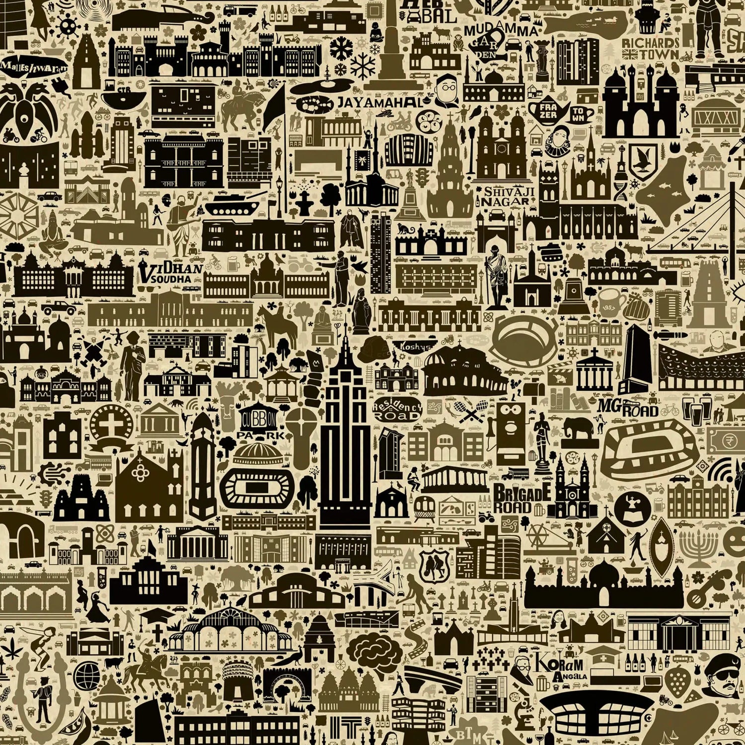 Detailed close-up of Bengaluru city map art print highlighting iconic landmarks like Vidhana Soudha, Cubbon Park, and Brigade Road in a hand-drawn vintage style.