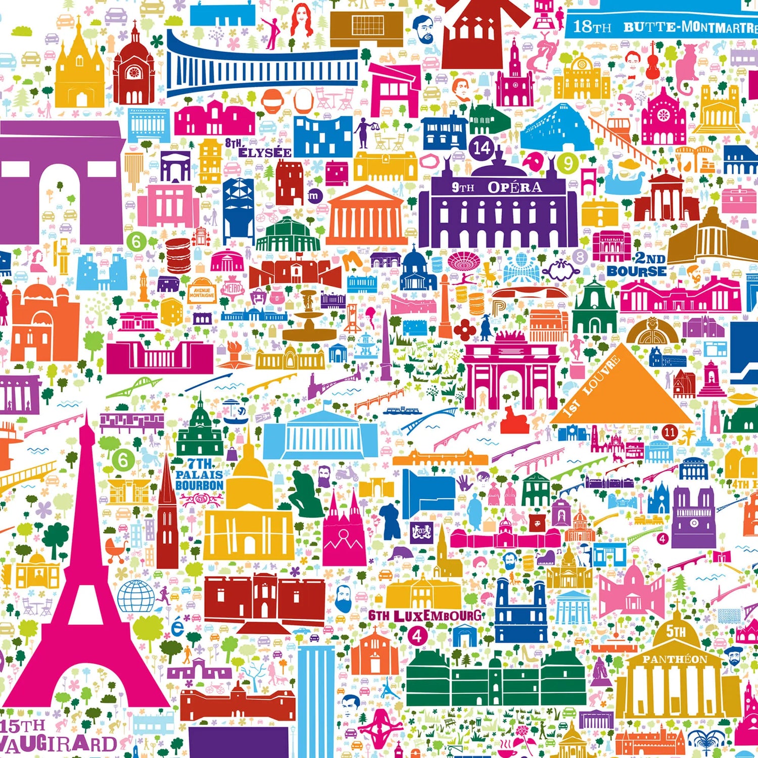 Colorful pattern of Paris landmarks and icons on a white background