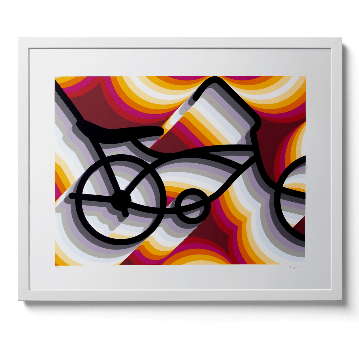 East LA Lowrider Bike, a signed and numbered screenprint in a white frame: a black lowrider bike with a banana seat rides through rippling bands of magenta, orange, marigold, lilac, and gray