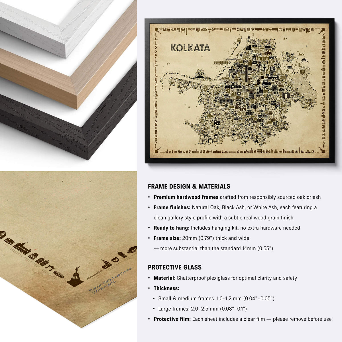 Kolkata Antique illustrated map poster with black, natural and white hardwood frame options and close-up paper and framing details.