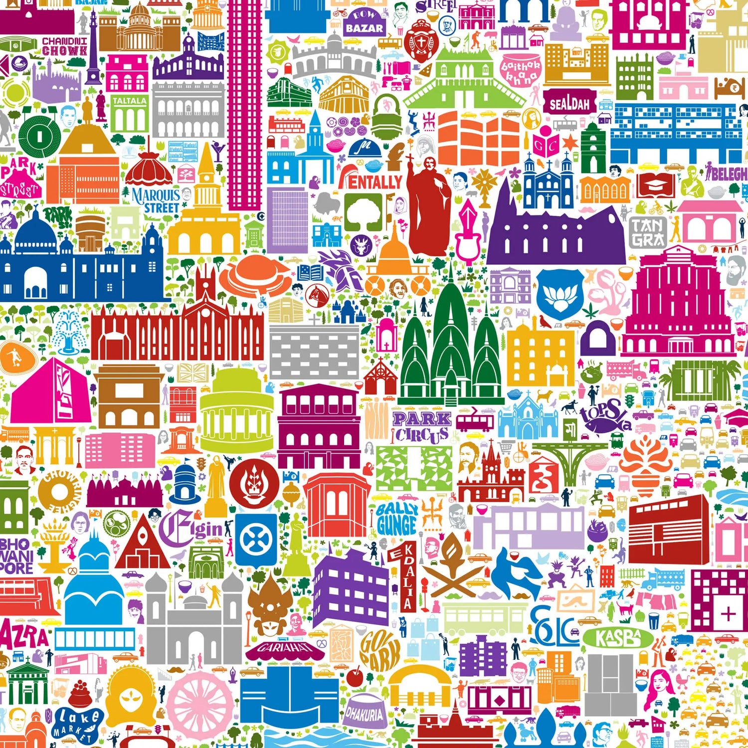 Colorful pattern of various buildings and landmarks on a white background