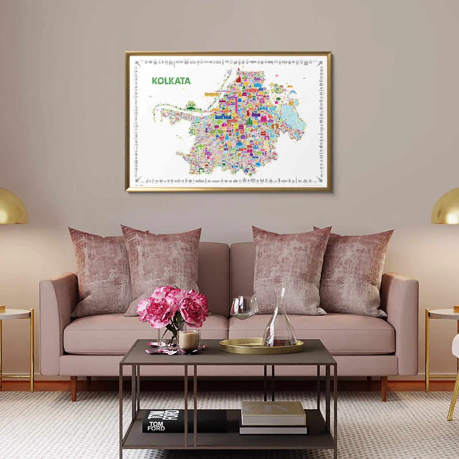 Living room with a sofa, coffee table, and framed map of Kolkata on the wall.