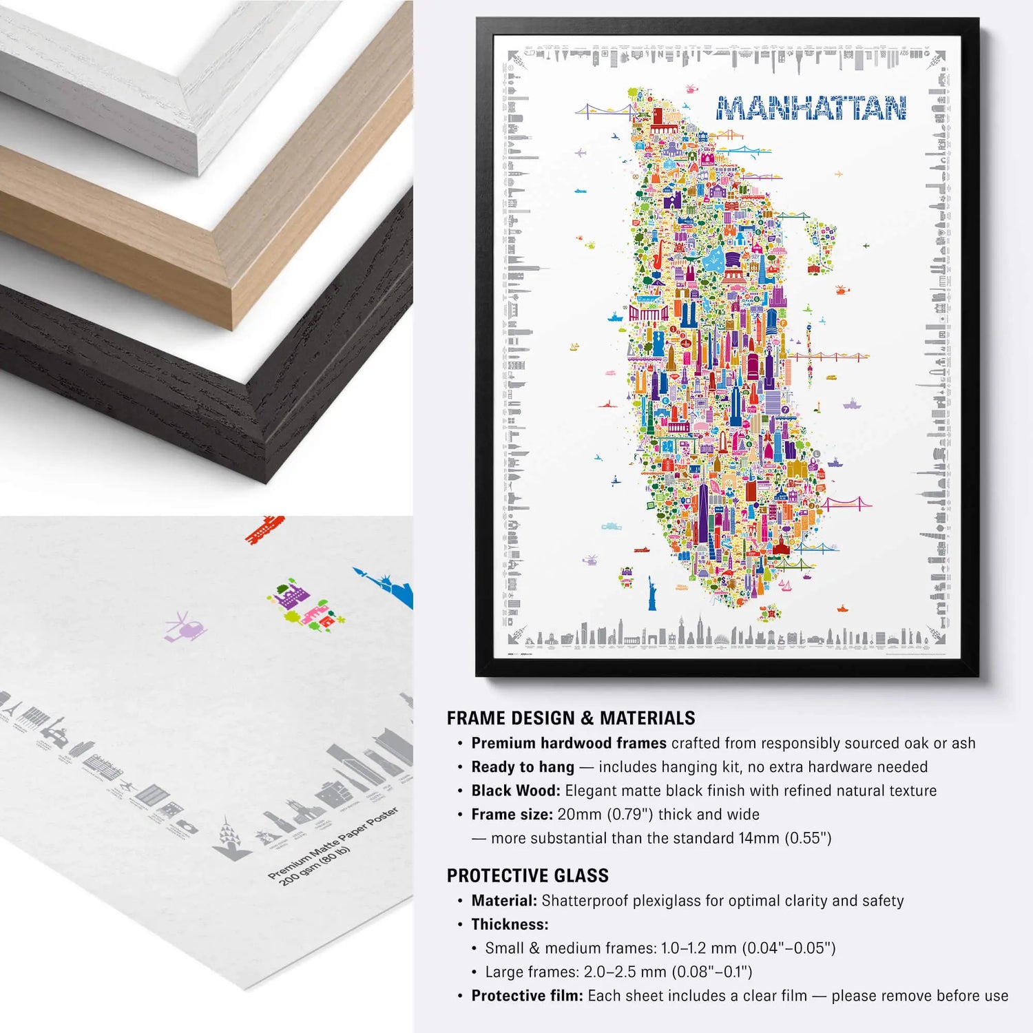 Framed colorful map of Manhattan with frame design and materials information.