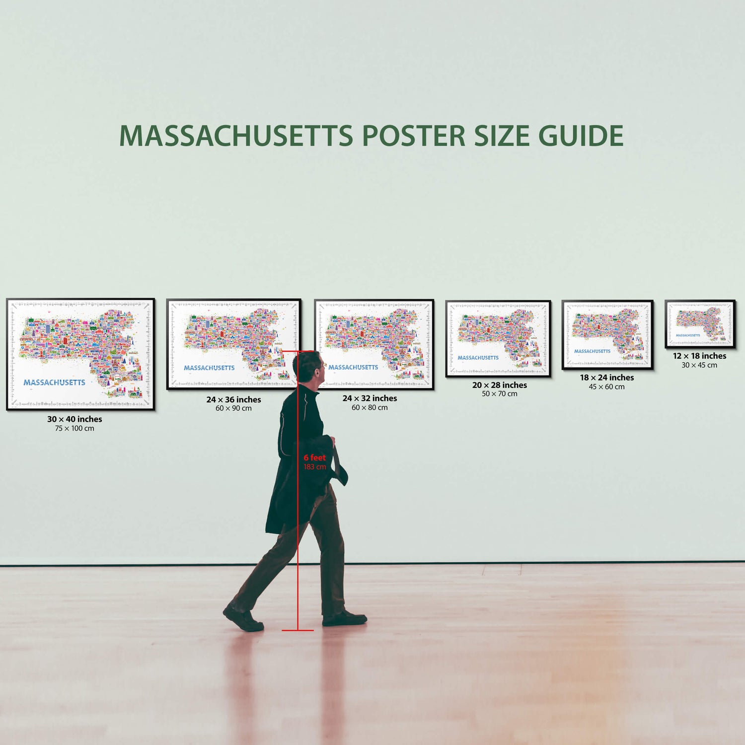 Massachusetts map poster size guide showing six framed print sizes on a gallery wall with a six-foot person for scale. The image helps visualize how the colorful Massachusetts wall art looks in different dimensions.