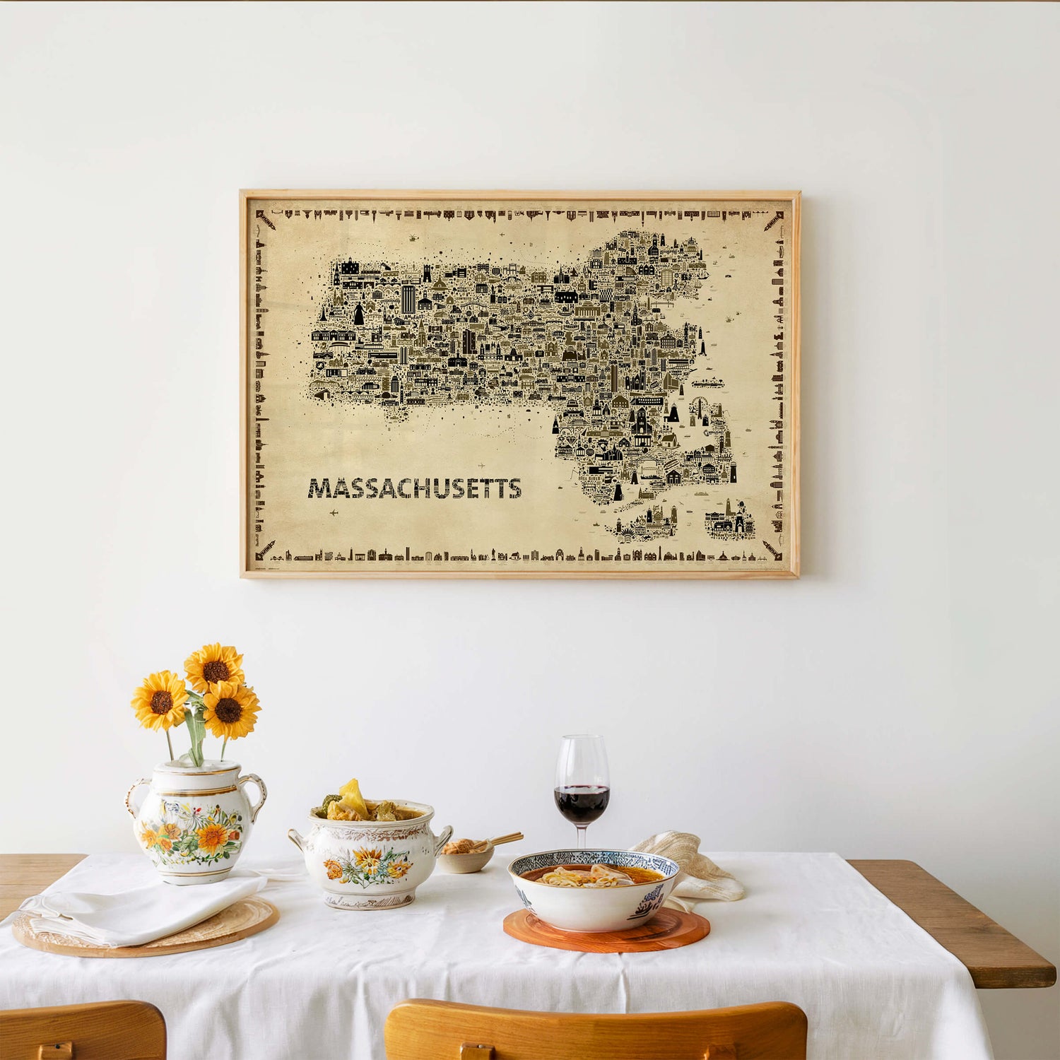 Massachusetts map wall art antique poster above dining table with ceramics wine and flowers Bay State travel decor print
