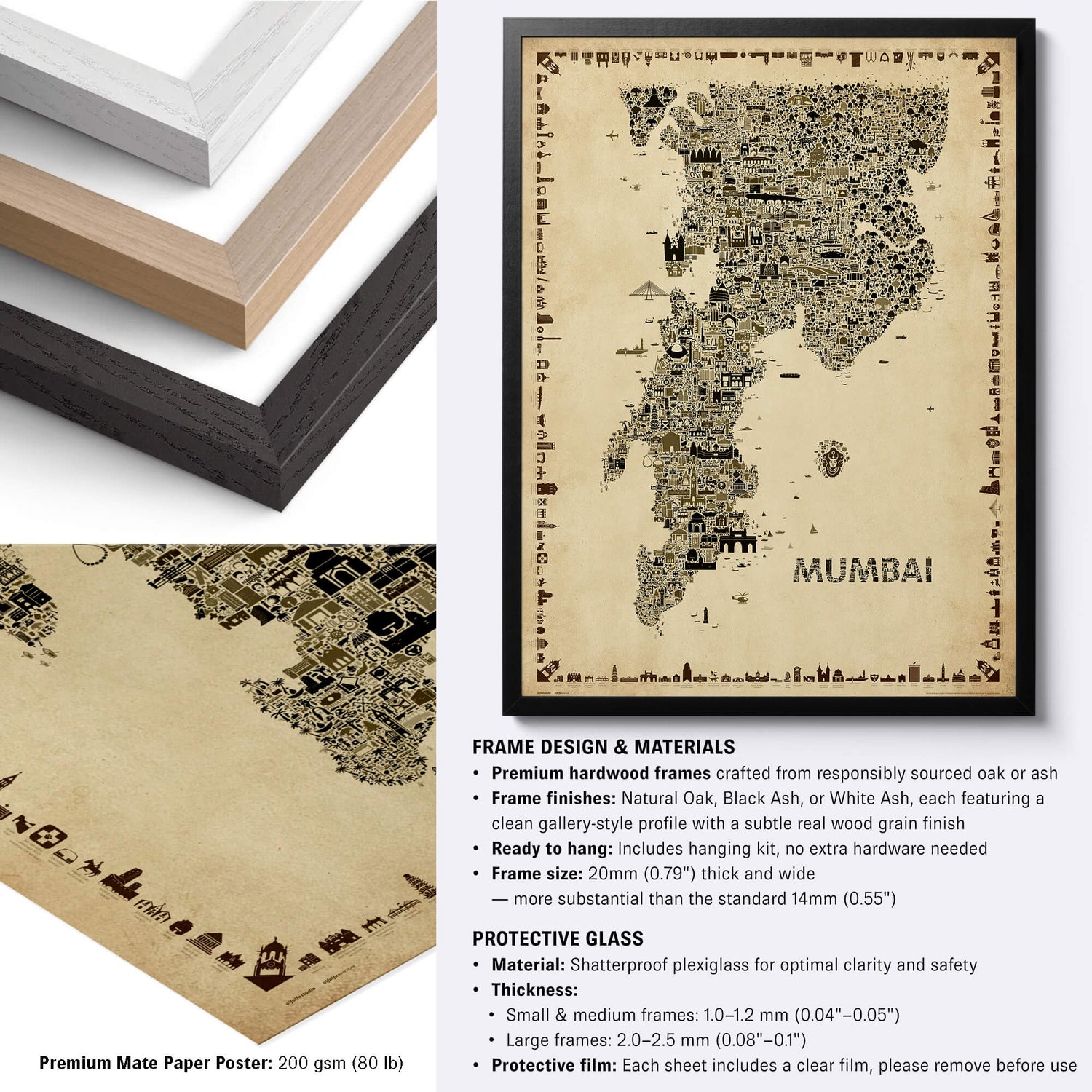 Mumbai Antique illustrated city map poster with black, natural and white hardwood frame options, premium matte paper and detailed framing specifications.