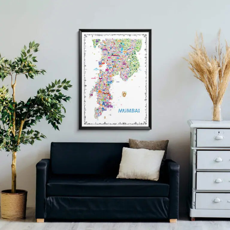 Framed Mumbai city map art print displayed in a modern living room — colorful wall art in a black hardwood frame, premium home decor by Alfalfa New York.