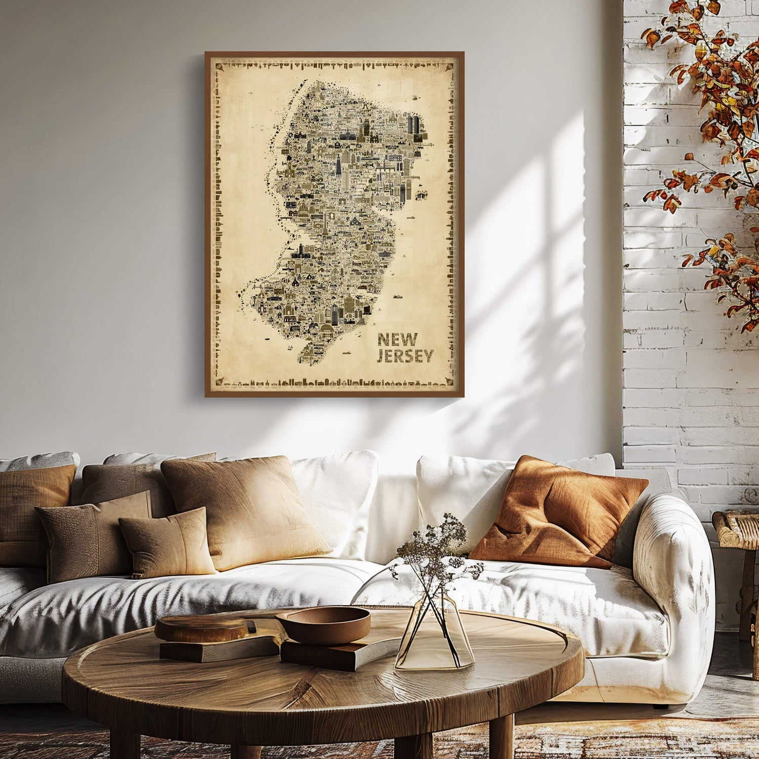Iconic New Jersey Antique Edition displayed in a premium natural wood frame above a contemporary sofa, showcasing timeless vintage map artwork, elegant sepia tones, and sophisticated home décor inspired by the Garden State.