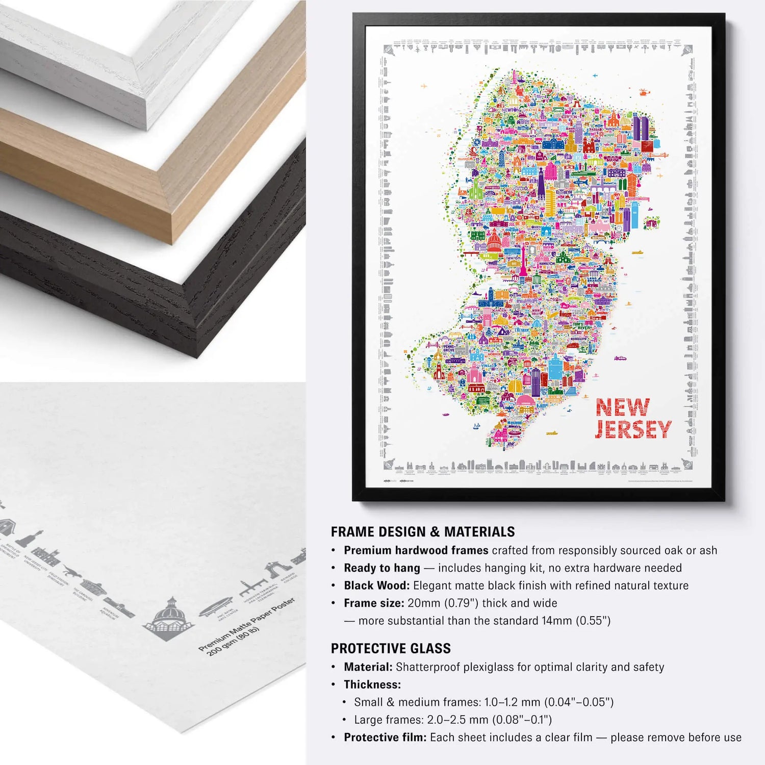 Framed colorful map of New Jersey with frame design and materials information.