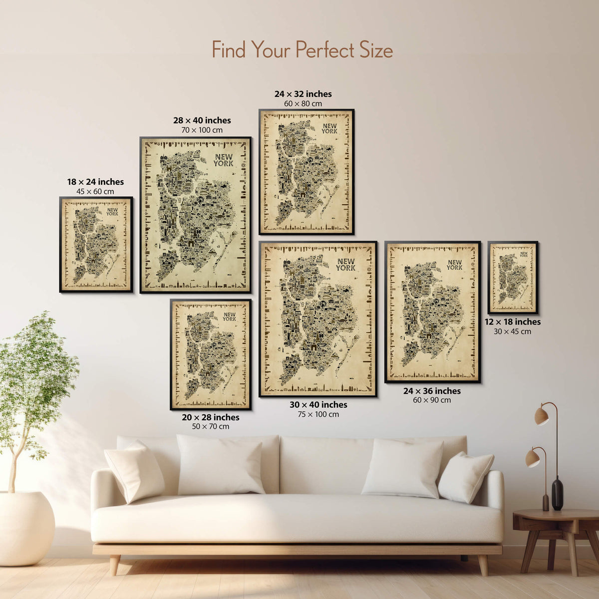 New York City Five Boroughs Antique illustrated map poster size guide showing seven framed print sizes from 12 x 18 to 30 x 40 inches above a neutral sofa.