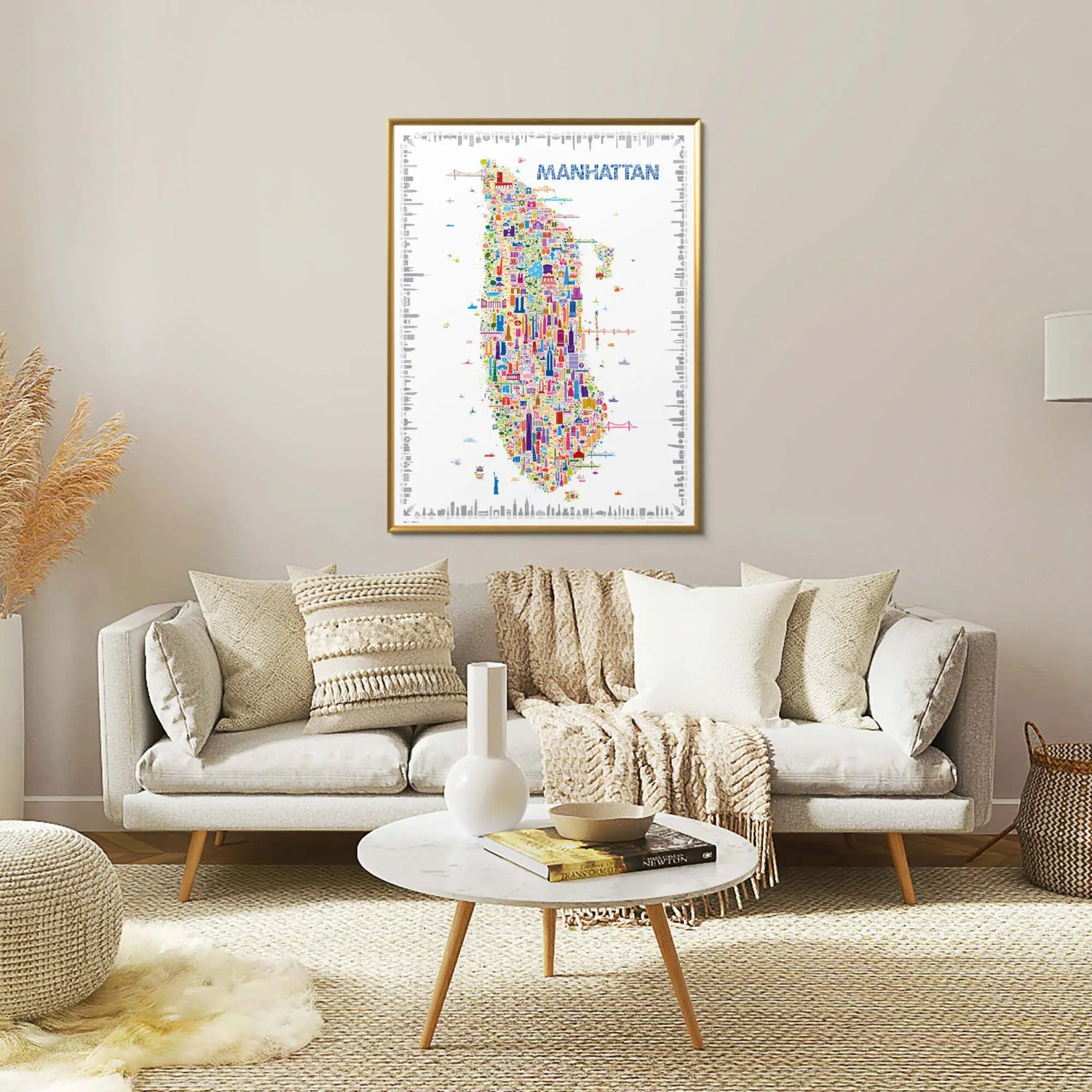 Living room with a colorful Manhattan map on the wall above a sofa.