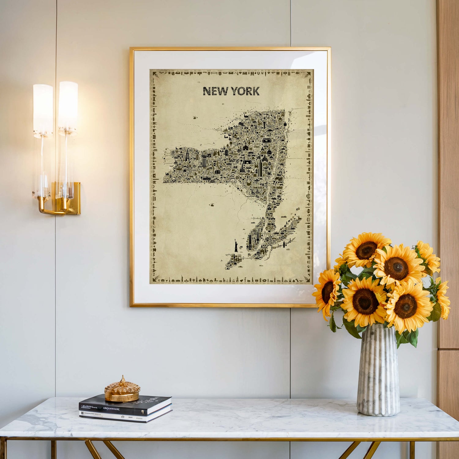 New York State Antique Map Poster in a gold frame above a marble console with sunflowers, a refined Empire State wall art print for elegant contemporary décor.