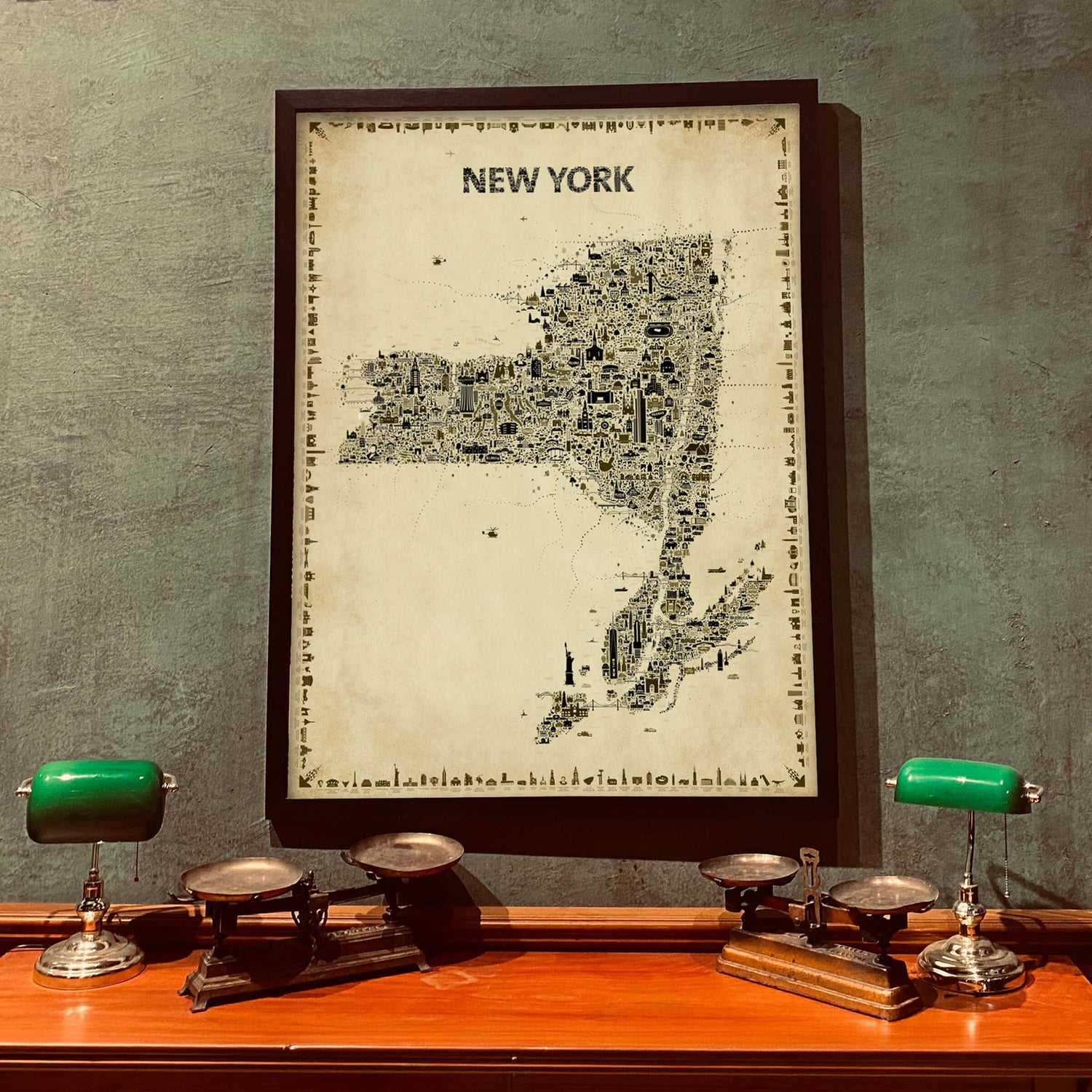 Iconic New York State Antique Map Poster in a dark frame displayed above a wooden desk with green banker lamps, a vintage NY State artwork for home office, study, or library décor.