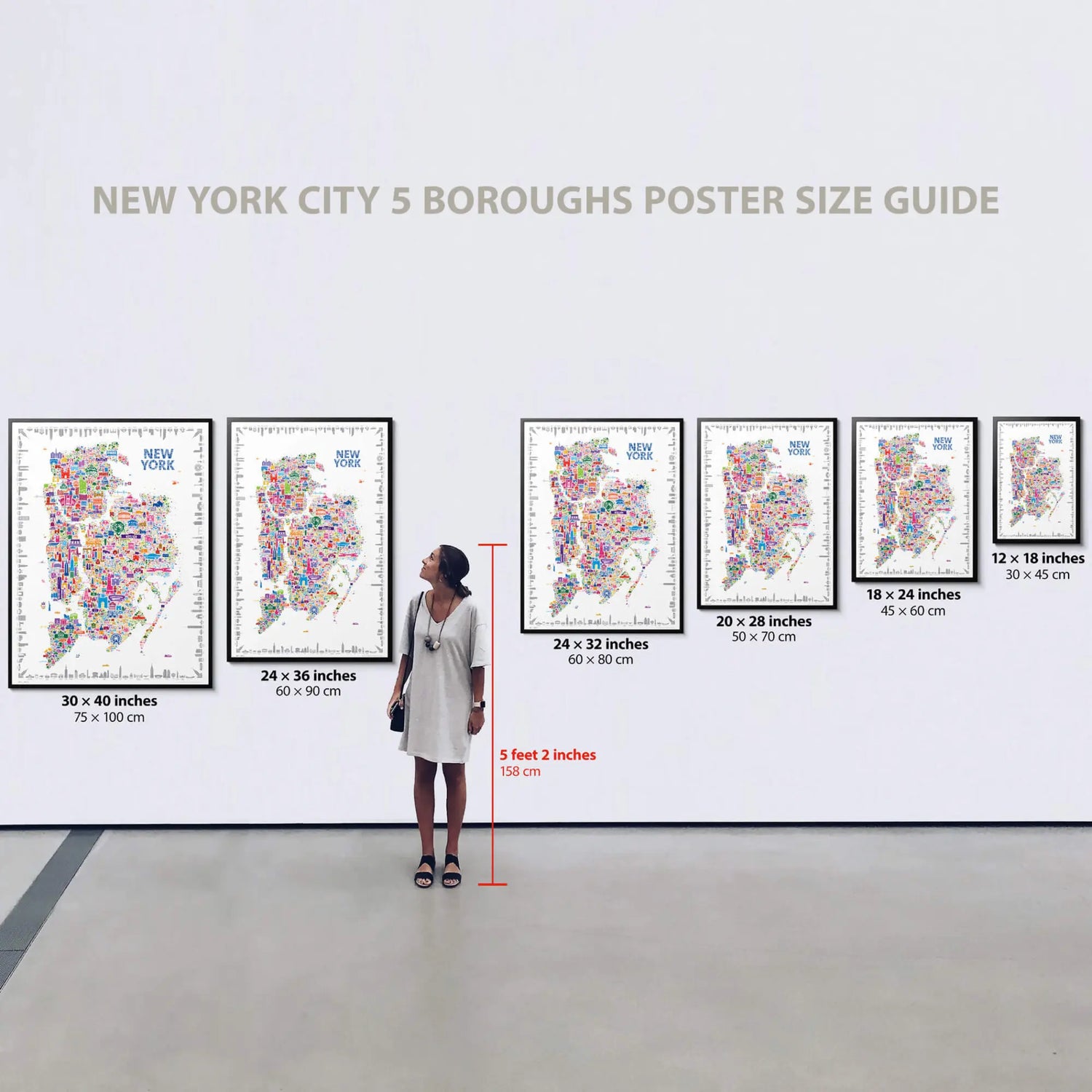 Alfalfa New York City 5 Boroughs poster size guide showing six framed poster sizes from 12×18 inches to 30×40 inches, displayed on a wall beside a woman for scale.