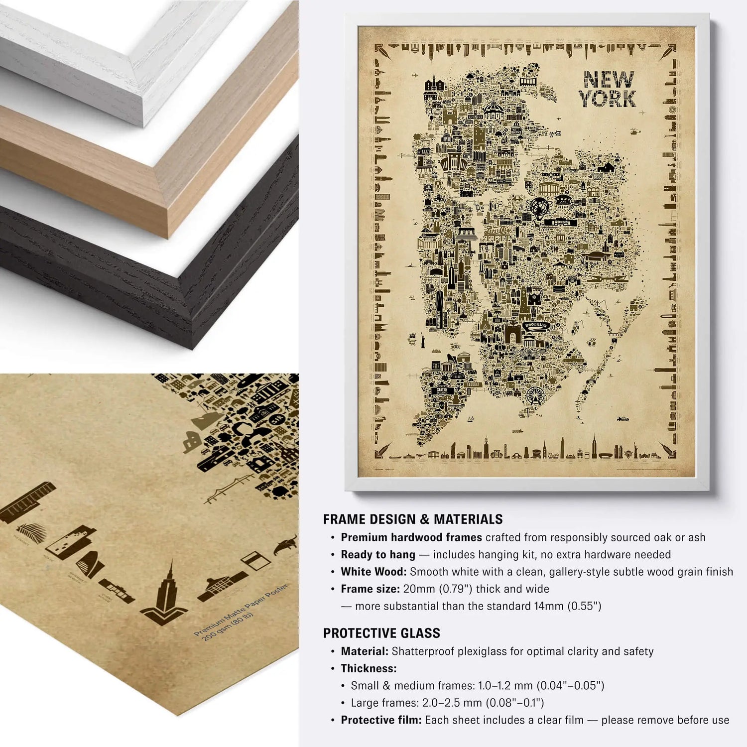 Framed map of New York with frame design and materials information.