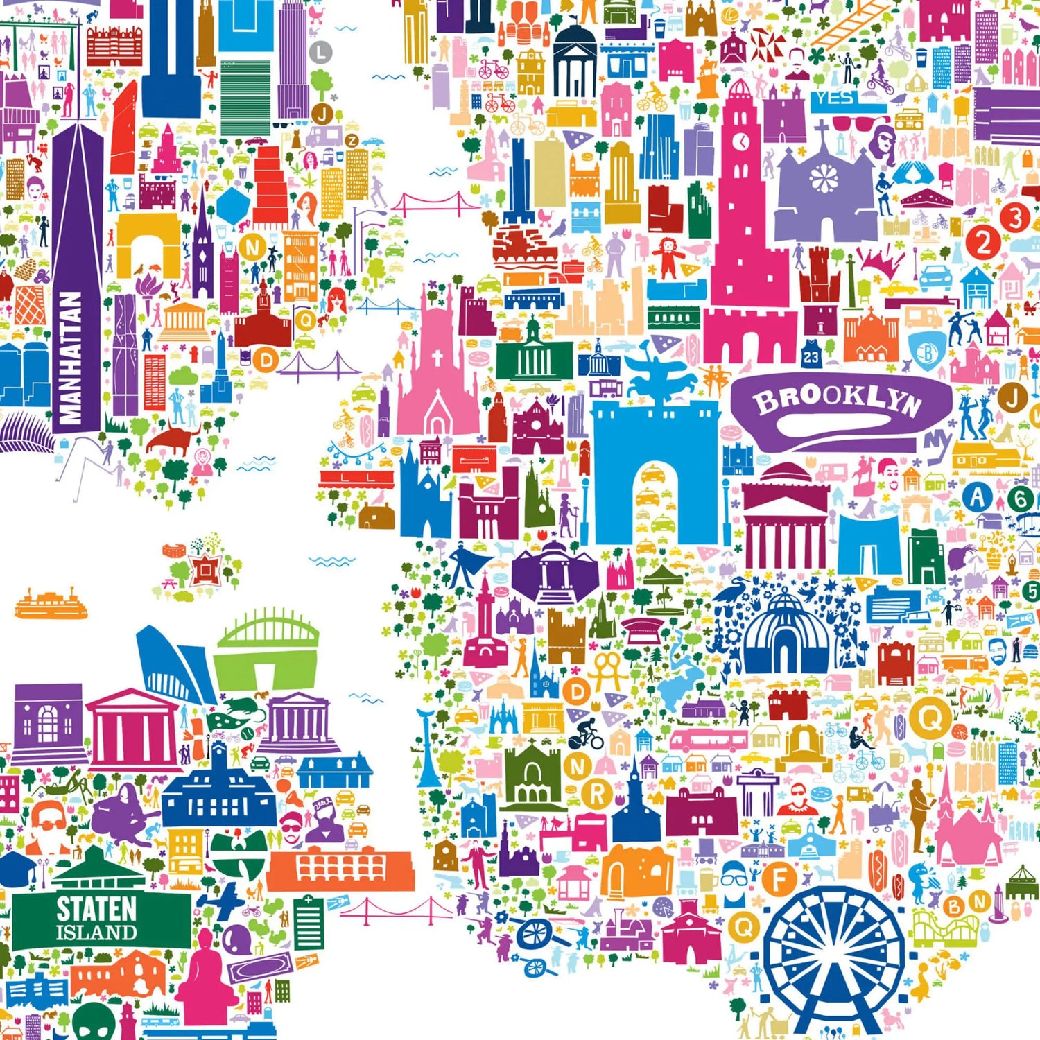 Map of Brooklyn made up of colorful icons and symbols on a white background