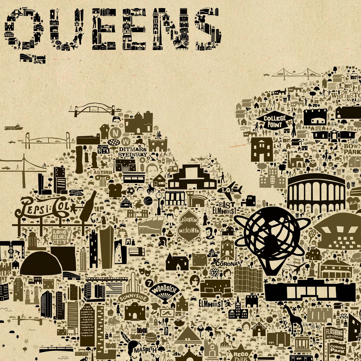 Detail of northwest Queens on the Iconic Antique Edition Poster featuring the Unisphere, Pepsi-Cola sign, Astoria, Jackson Heights, and bridges to Manhattan. A nostalgic illustrated map of New York.