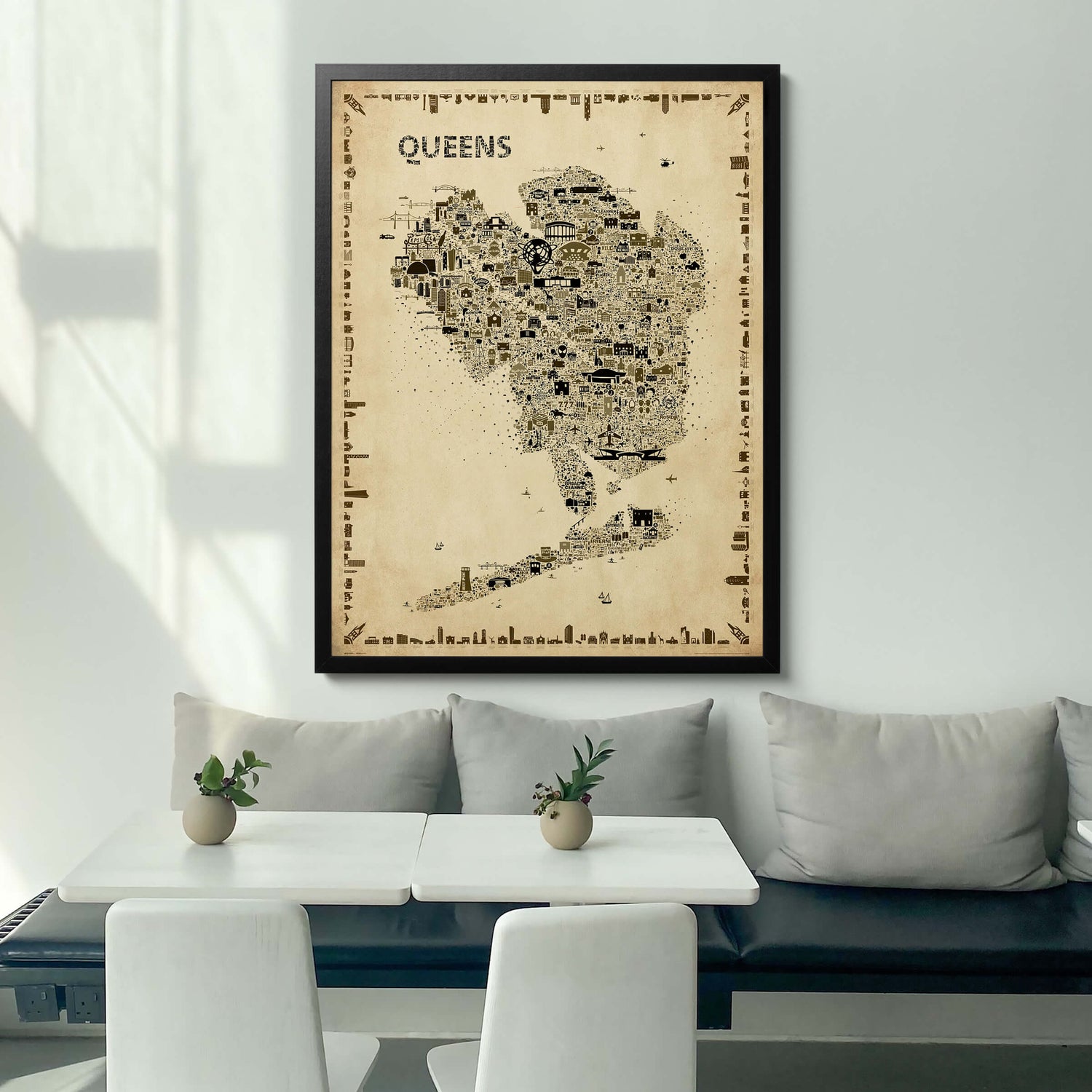 Mockup of the Iconic Queens Antique Poster displayed in a business lobby with minimalist design and sleek black frame. A sophisticated map print for modern professional spaces.