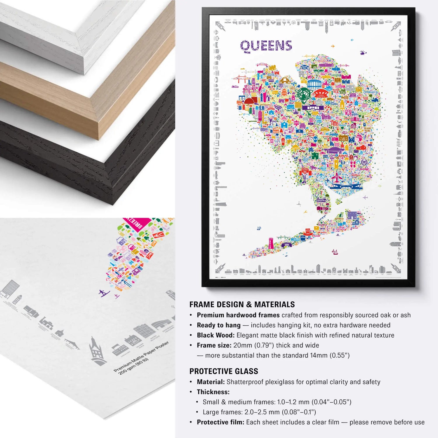 Framed map of Queens with frame design and materials information.