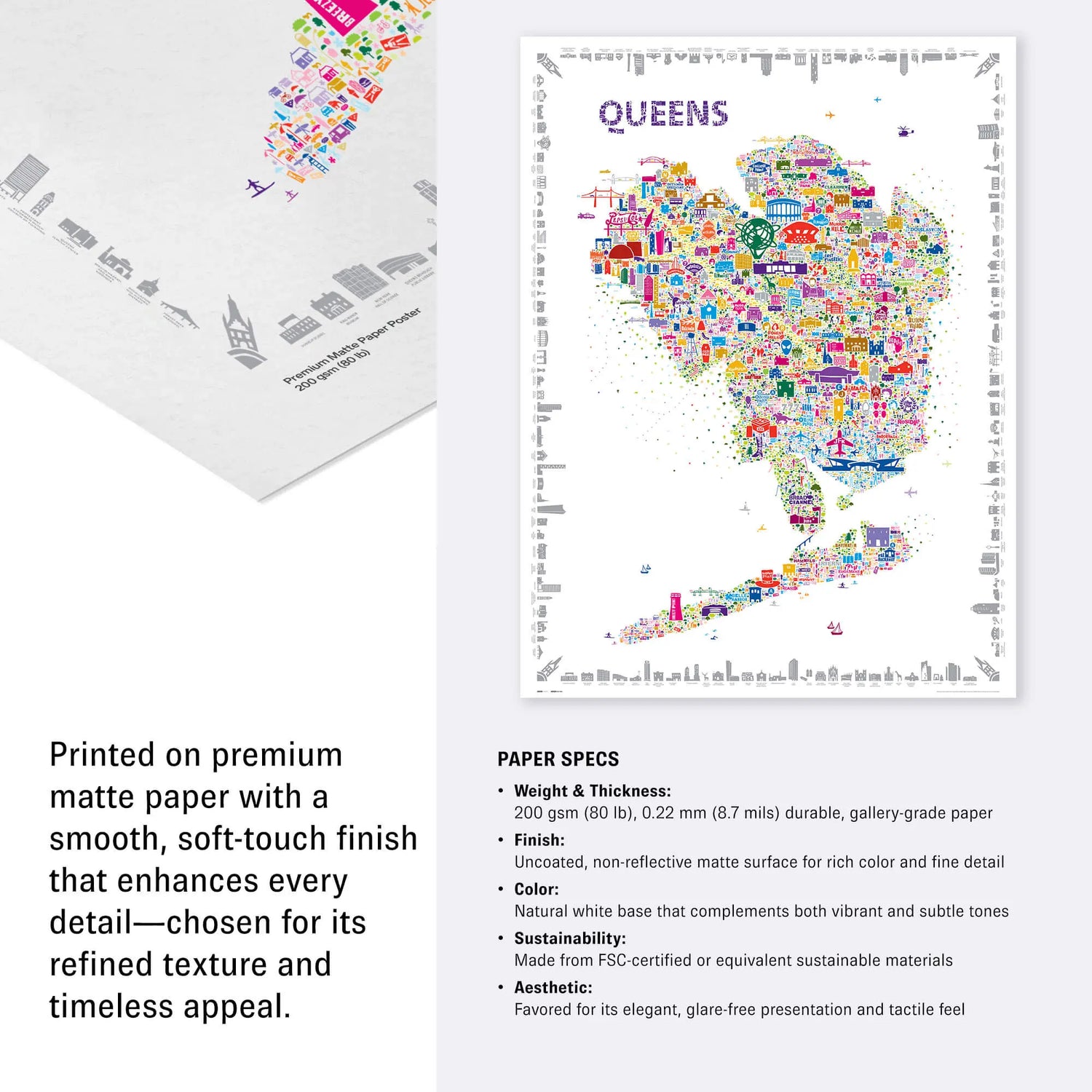 Queens map art print from Alfalfa New York, printed on premium matte paper with a smooth, soft-touch finish for rich color detail and elegant, sustainable presentation.