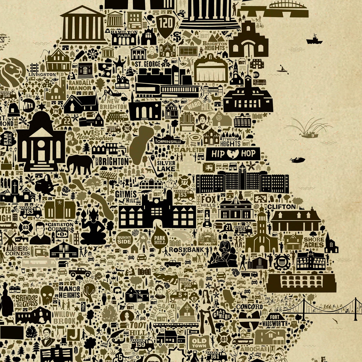 Detailed close-up of the northern Staten Island Antique Edition featuring St. George, Brighton Heights, Tompkinsville, Stapleton, Silver Lake and surrounding illustrated landmarks.