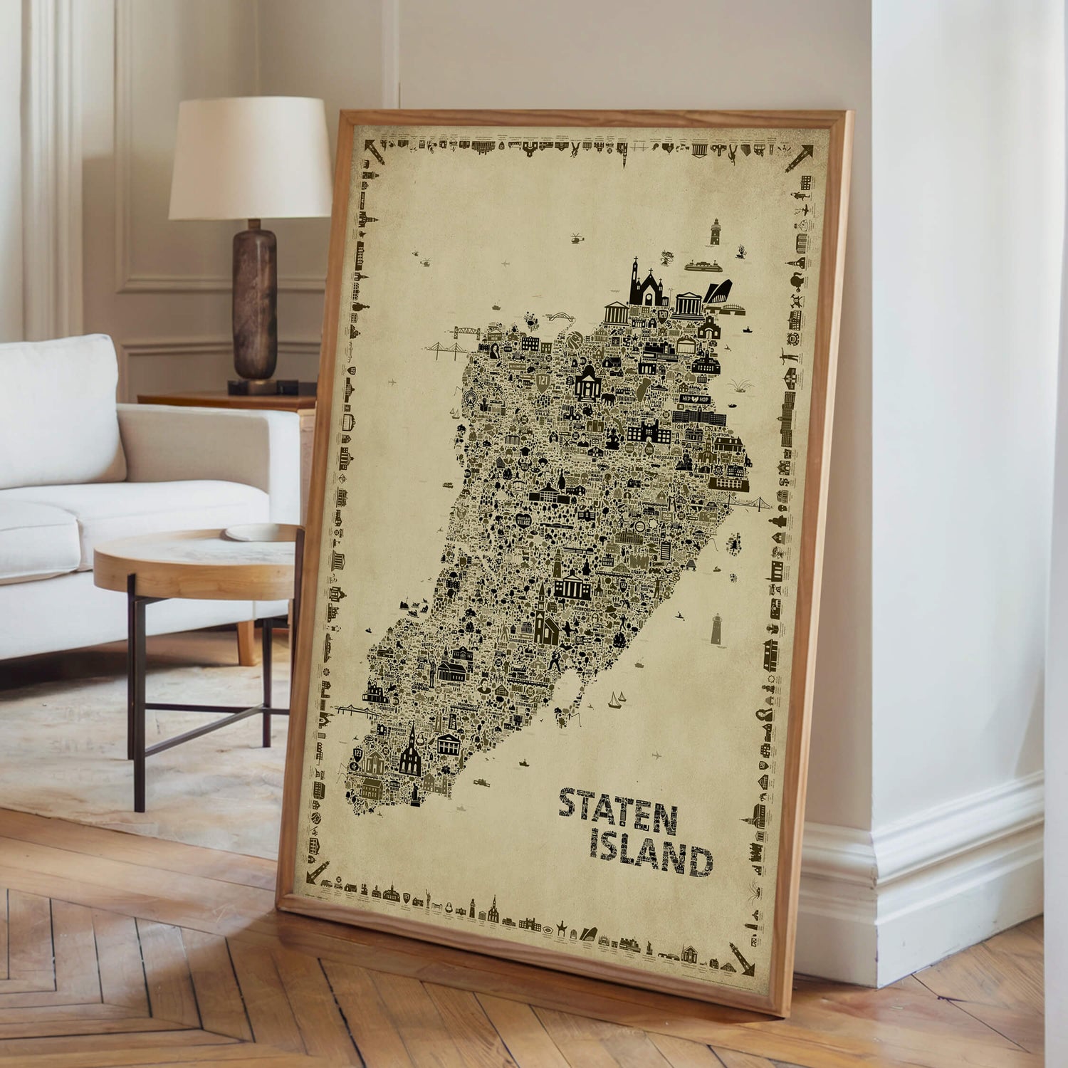 Framed Iconic Staten Island Antique Edition vintage map poster displayed in a modern living room. Sepia artwork inspired by old-world cartography and New York City décor.