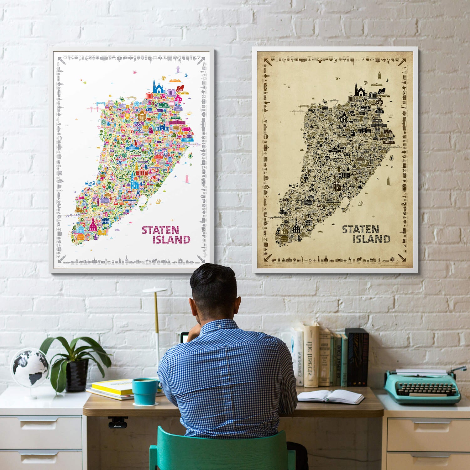 Colorful and Antique Editions of the Iconic Staten Island poster displayed together, comparing the vibrant illustrated map with the vintage sepia version for New York wall décor.