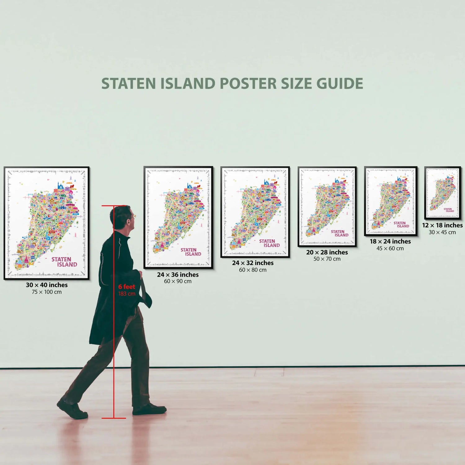 Staten Island poster size guide with a person for scale on a light gray background