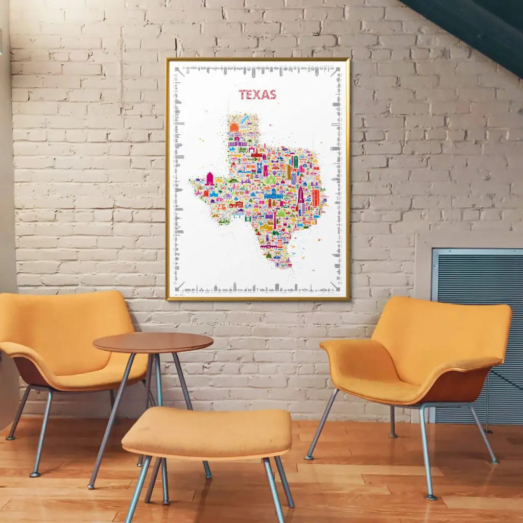 Colorful map of Texas on a wall above a modern living room with orange chairs and a brick wall.