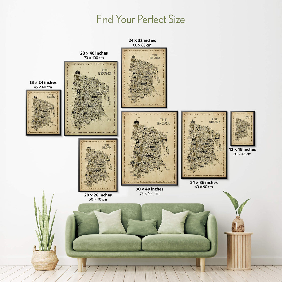 The Bronx Antique illustrated map poster size guide showing seven framed print sizes from 12 x 18 to 30 x 40 inches above a green sofa.