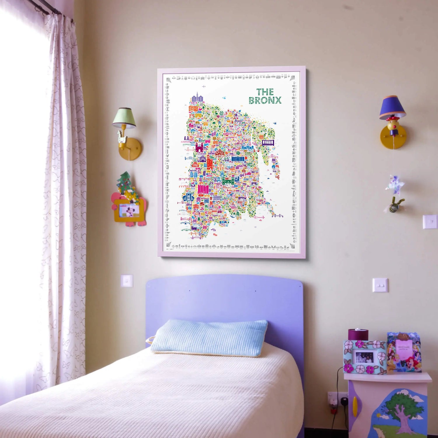 Bedroom with a colorful map of The Bronx on the wall above a bed.