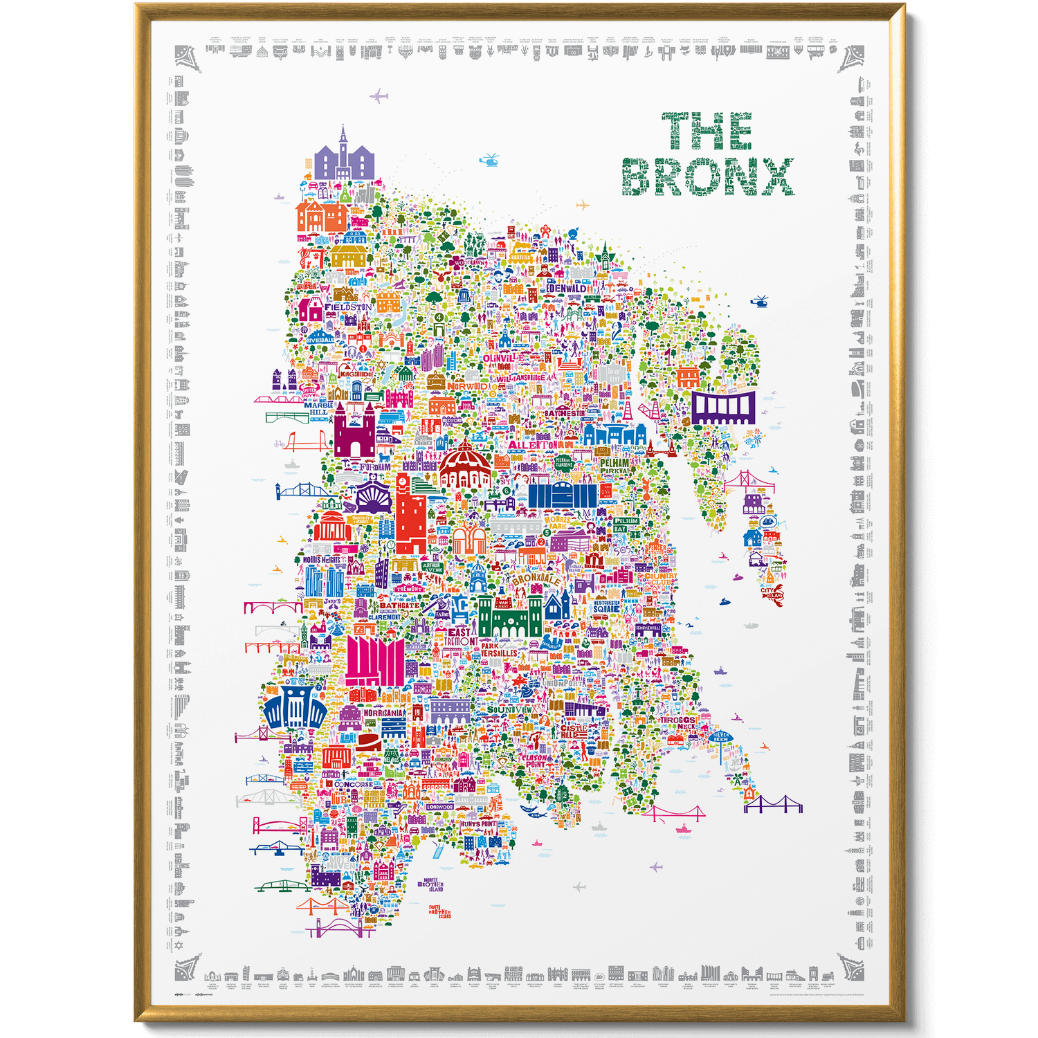 Colorful map of The Bronx with various icons on a white background