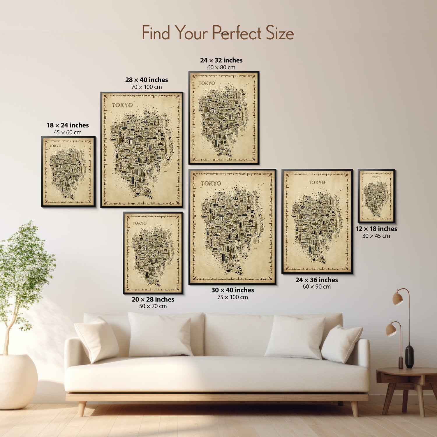 Tokyo Antique illustrated map poster size guide showing seven framed print sizes from 12 x 18 to 30 x 40 inches above a neutral sofa.
