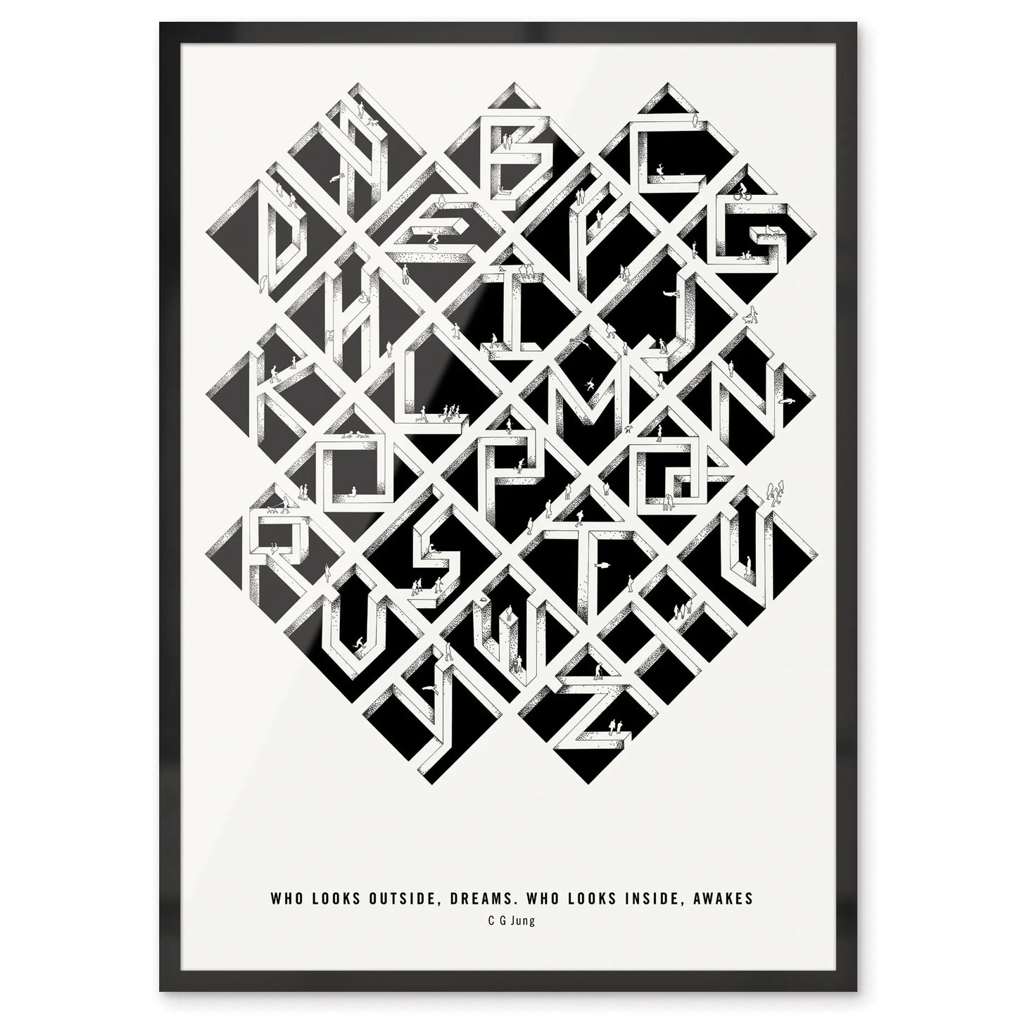 Black and white geometric art print with text on a white background