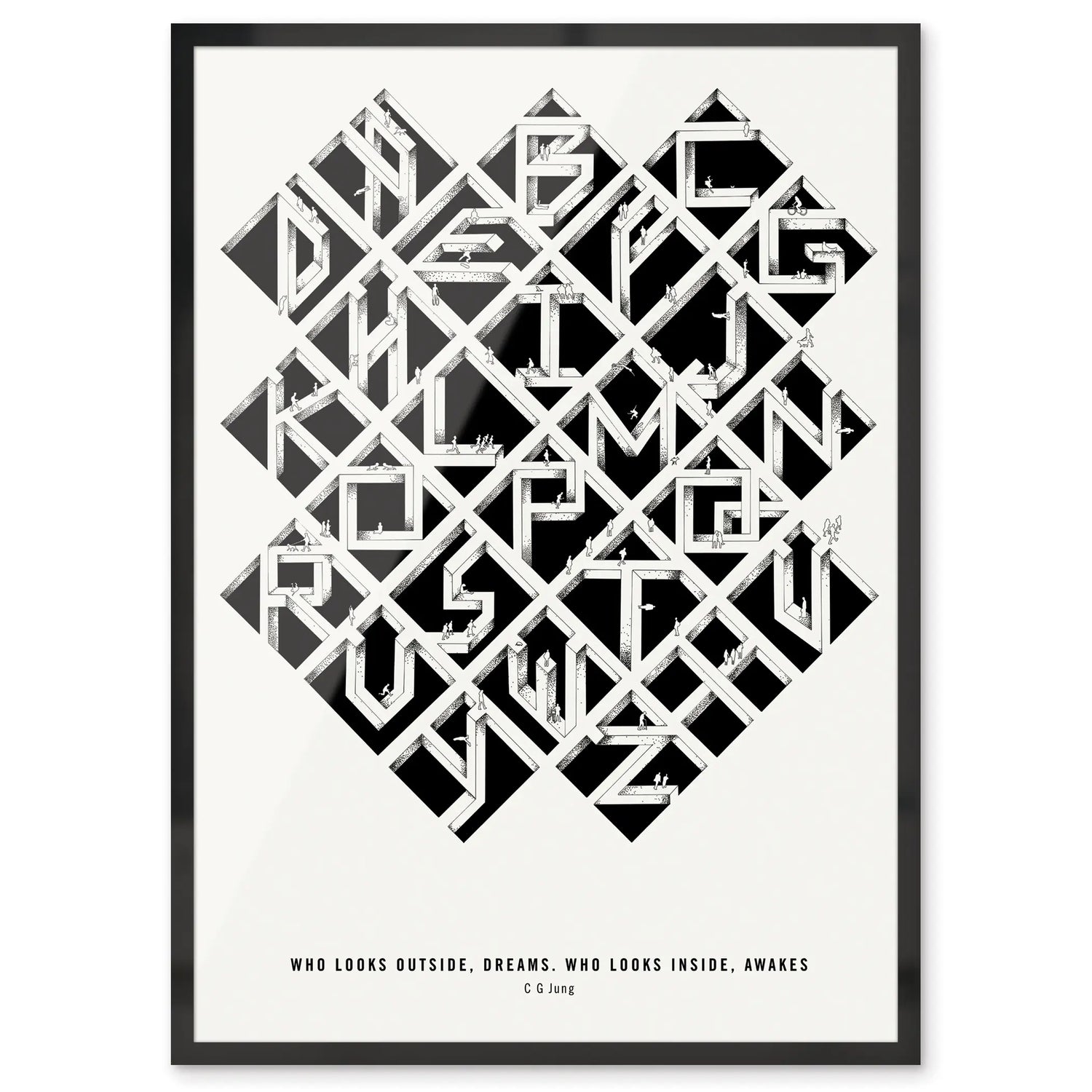 Black and white geometric art print with text on a white background