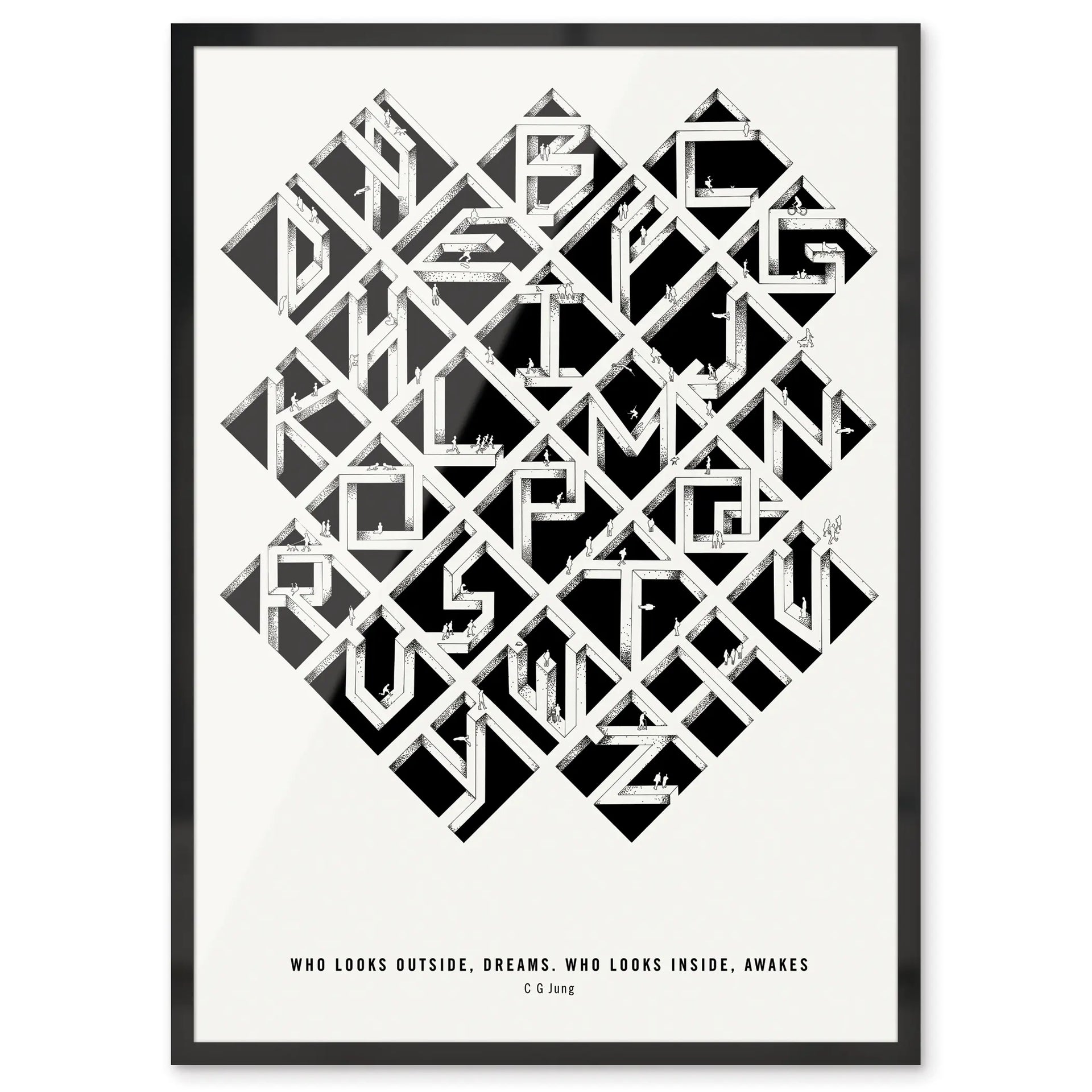 Black and white geometric art print with text on a white background