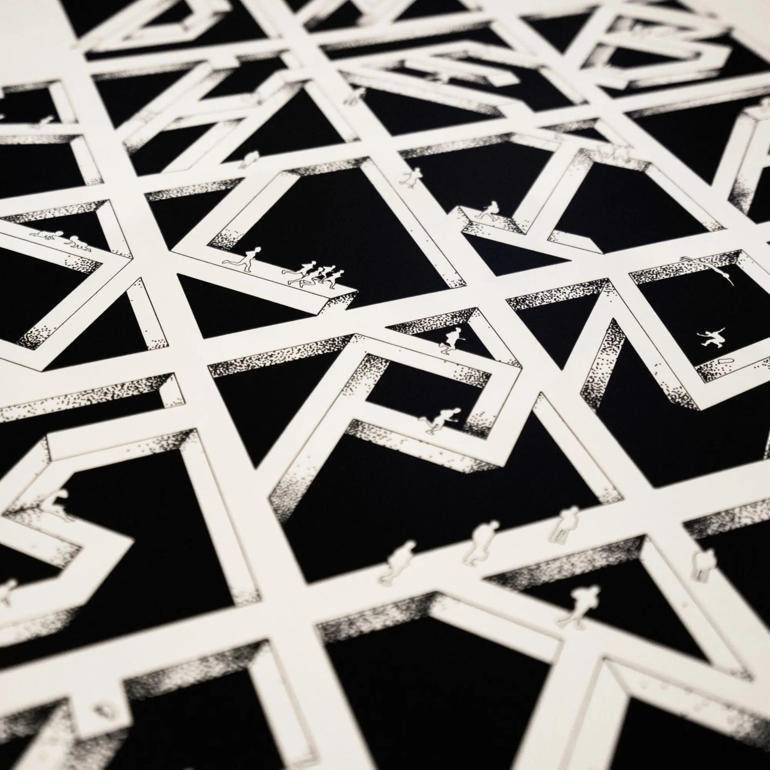 Black and white geometric pattern on a textured surface