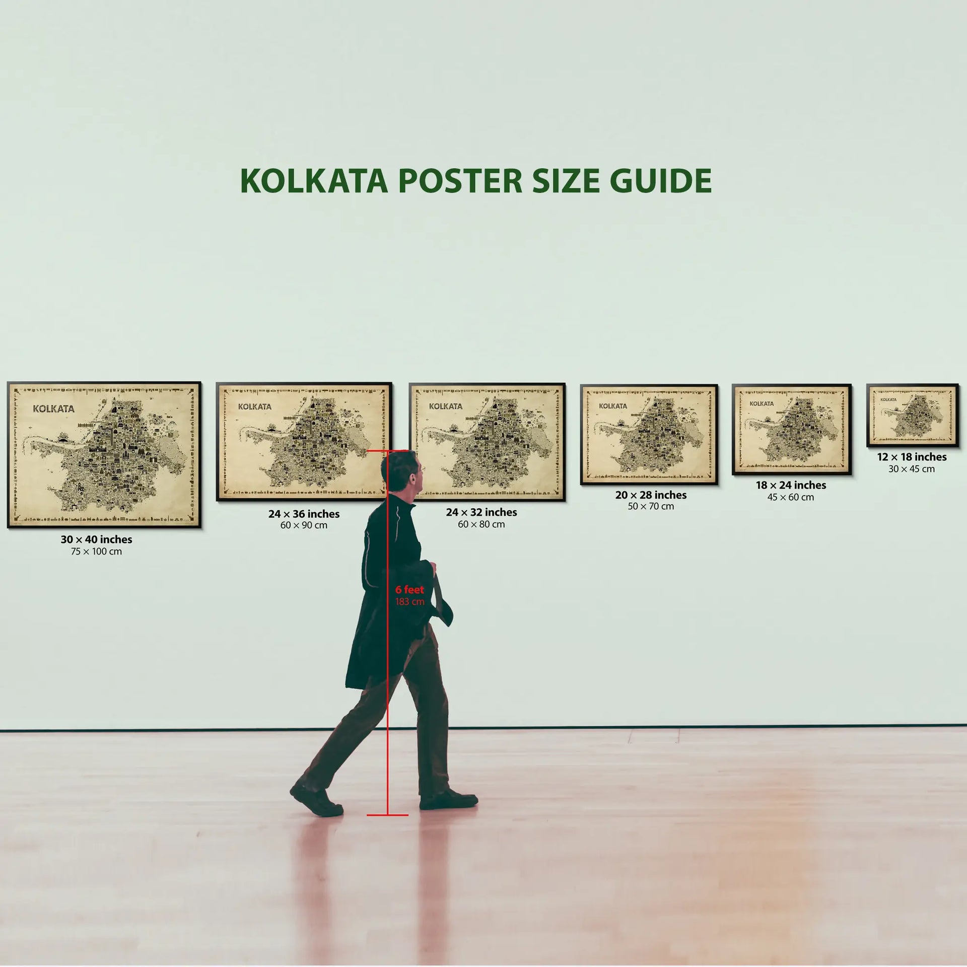 Kolkata poster size guide with a person for scale on a light green wall.