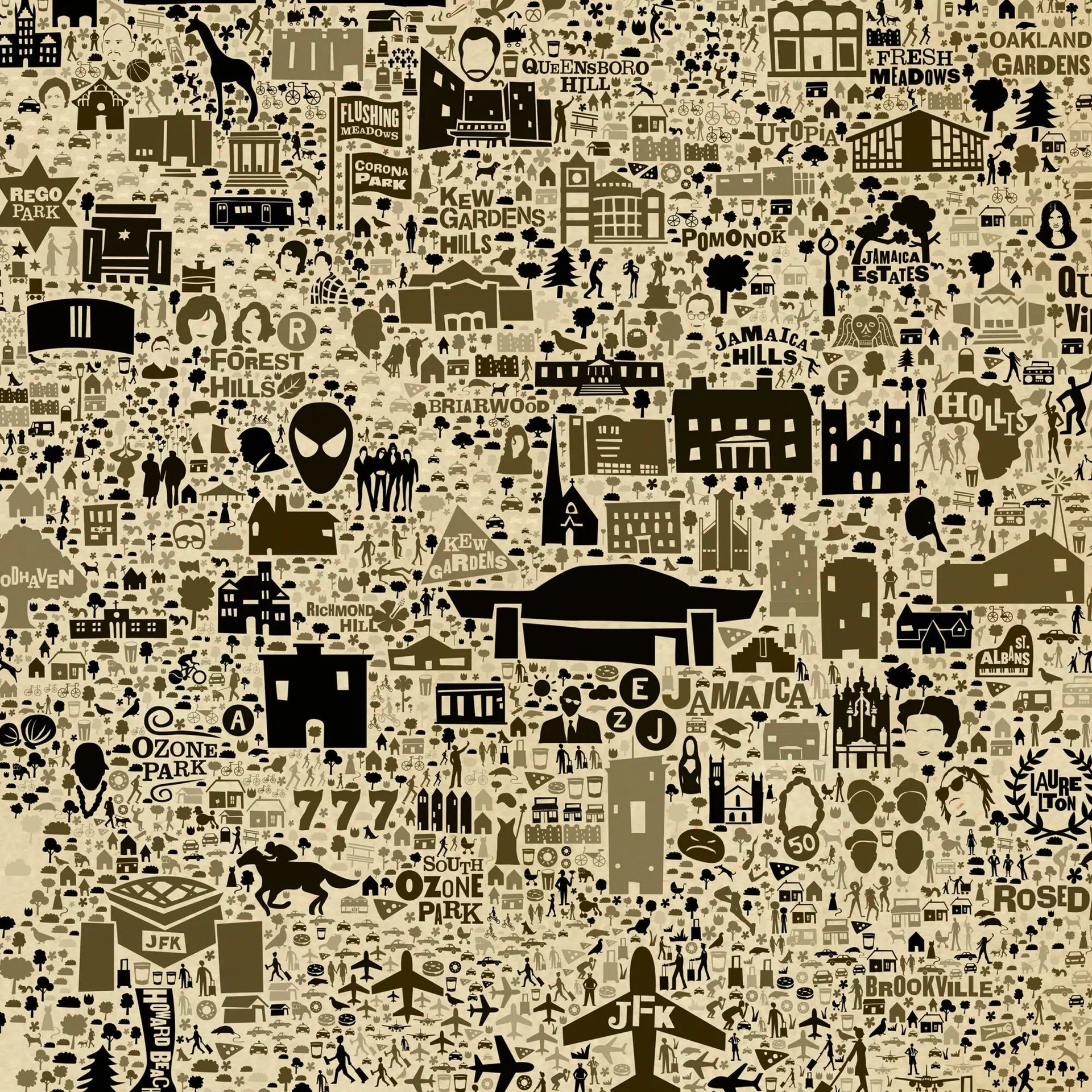 Iconic Queens antique map poster featuring hundreds of illustrated landmarks including JFK Airport, Jamaica, Forest Hills, Flushing, and Queensboro in vintage sepia and black color scheme