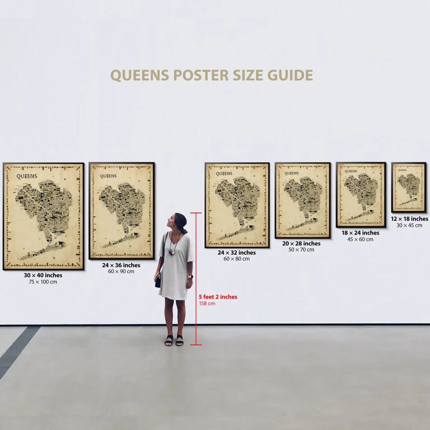Size comparison guide for Iconic Queens poster displaying available sizes 30x40, 24x36, 24x32, 20x28, 18x24, and 12x18 inches with woman standing for height reference