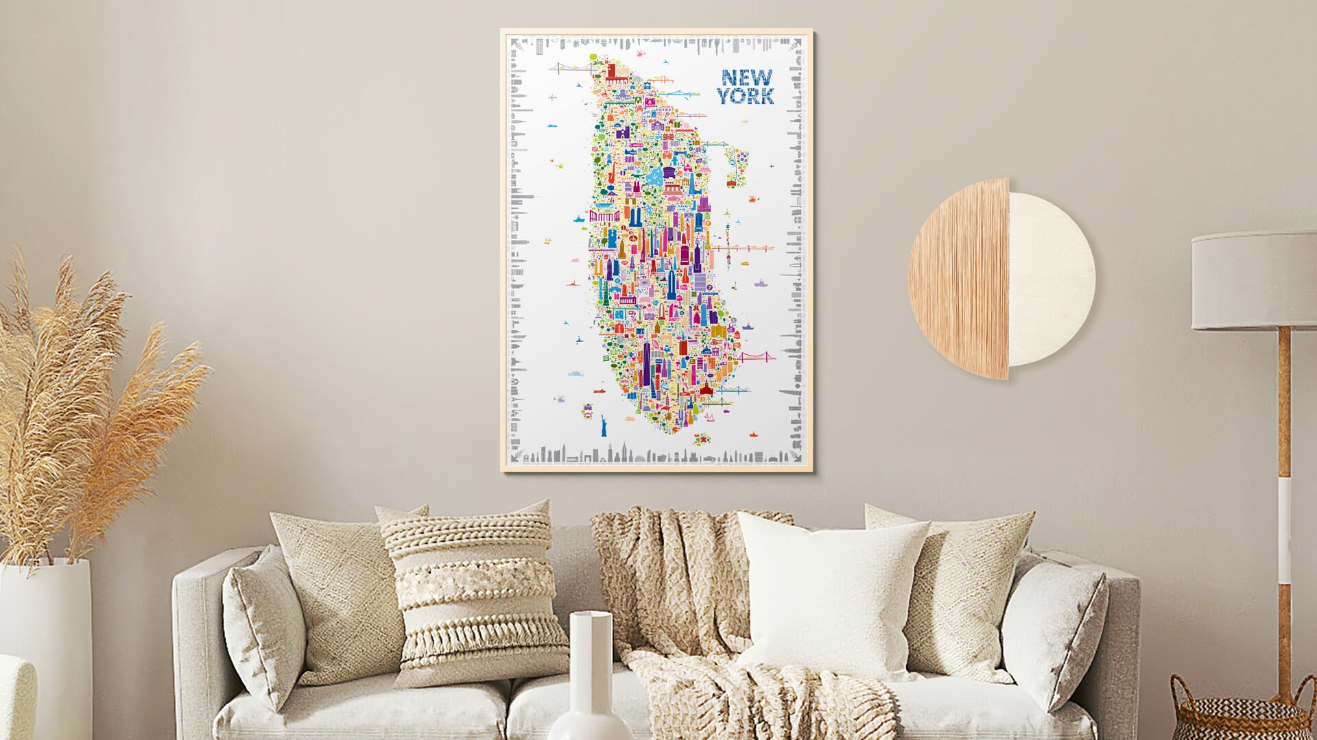 Iconic New York colorful illustrated map poster in white frame hanging above beige sofa with neutral cushions and boho decor in modern living room